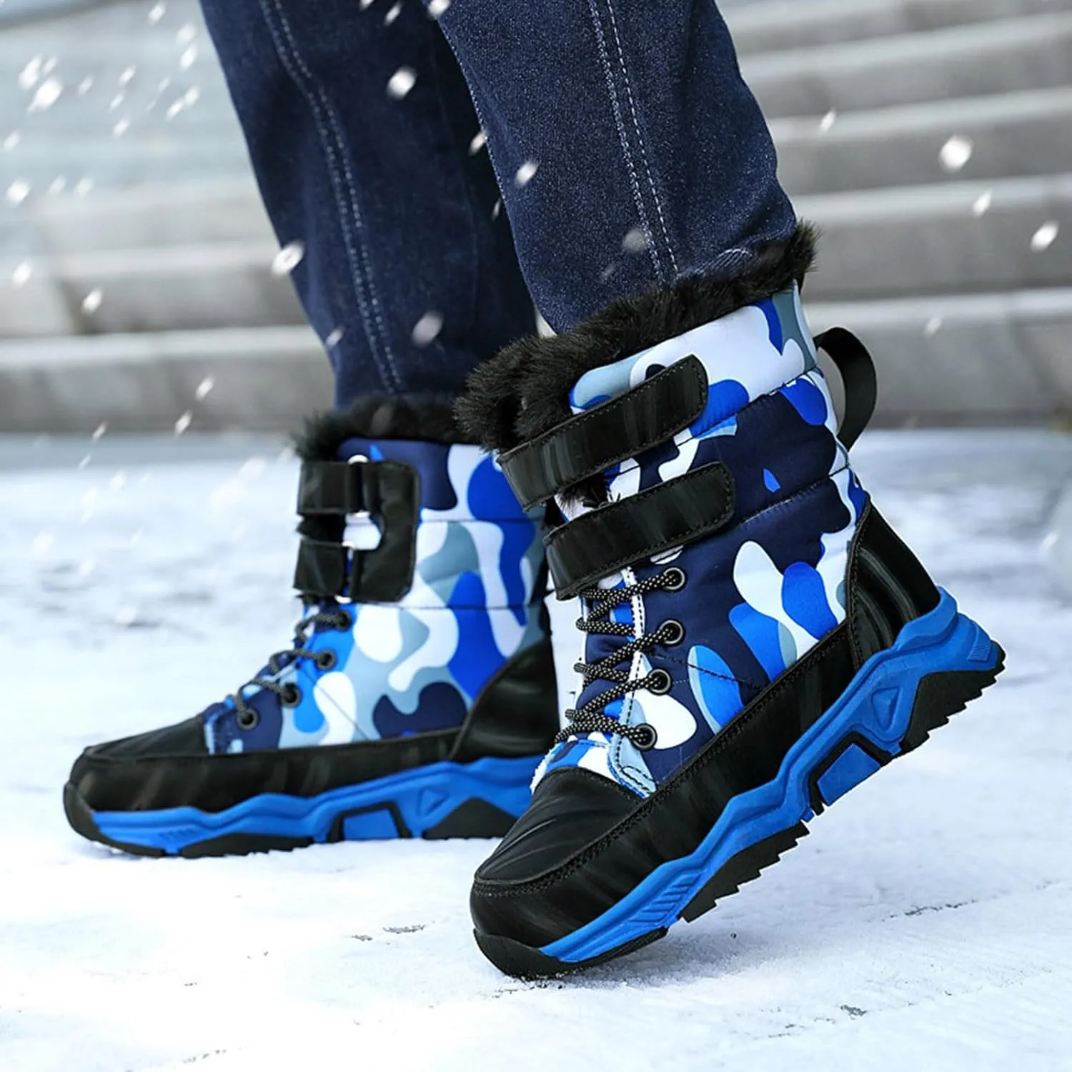 Boys Girls Snow Boots Waterproof Mid Calf Boots Faux Fur Lined Winter Shoes Anti Slip Hiking Boots for Little/Big Kids