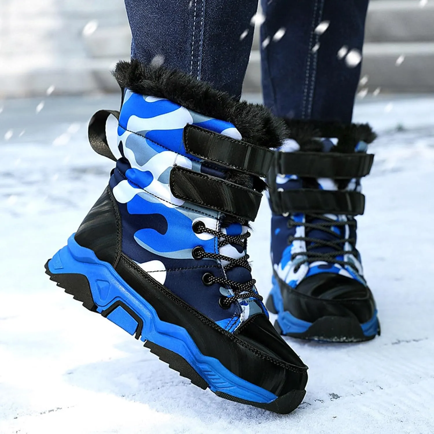 Boys Girls Snow Boots Waterproof Mid Calf Boots Faux Fur Lined Winter Shoes Anti Slip Hiking Boots for Little/Big Kids
