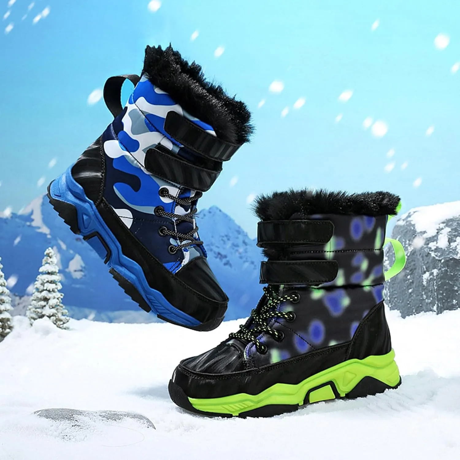 Boys Girls Snow Boots Waterproof Mid Calf Boots Faux Fur Lined Winter Shoes Anti Slip Hiking Boots for Little/Big Kids