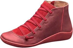 Cathalem Ankle Boots for Women Arch Support Fashion Lace up Side Zip Vintage Booties Flat Heel Leather Damping Shoes
