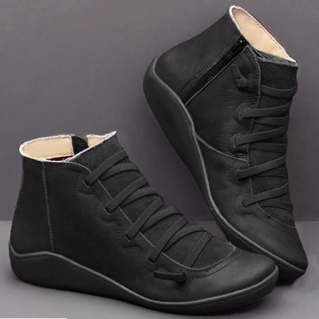 Cathalem Ankle Boots for Women Arch Support Fashion Lace up Side Zip Vintage Booties Flat Heel Vintage Leather Damping Shoes