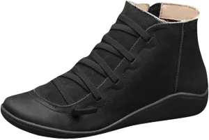 Cathalem Ankle Boots for Women Arch Support Fashion Lace up Side Zip Vintage Booties Flat Heel Vintage Leather Damping Shoes