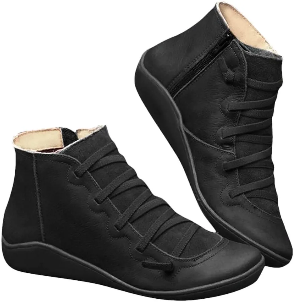 Cathalem Ankle Boots for Women Arch Support Fashion Lace up Side Zip Vintage Booties Flat Heel Vintage Leather Damping Shoes