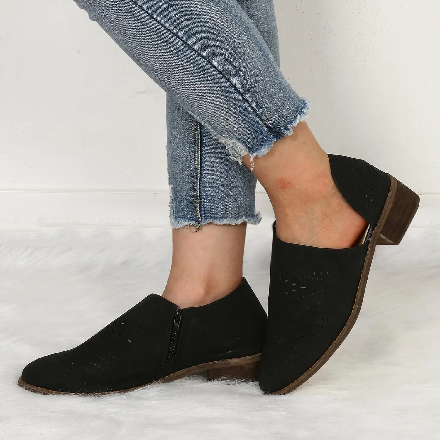Cathalem Ankle Boots for Women Cut Out Slip On Low Heel Short Chunky Stacked Heel Perforated Side V Cut Western Booties