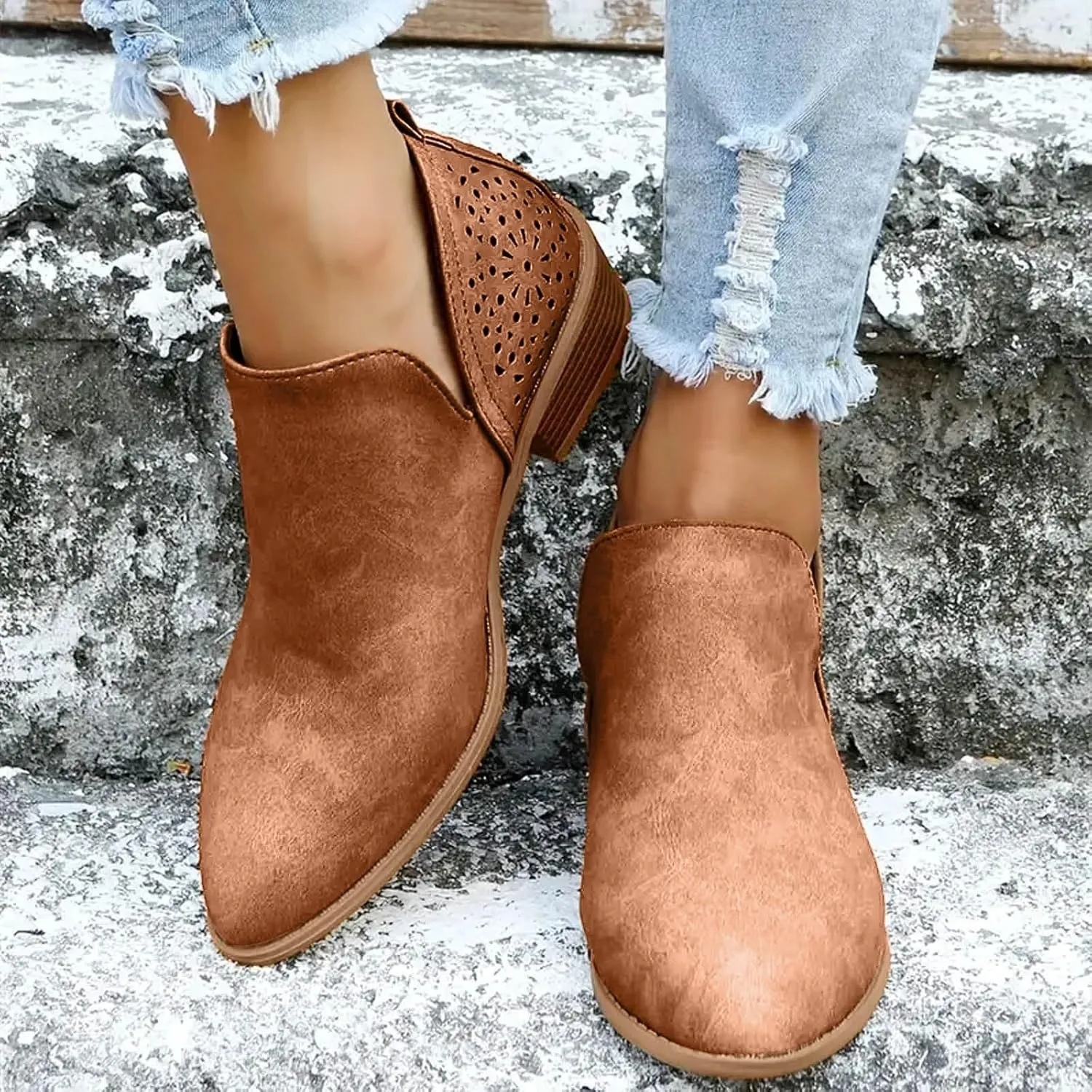 Cathalem Ankle Boots for Women Cut Out Slip On Low Heel Short Chunky Stacked Heel Perforated Side V Cut Western Booties
