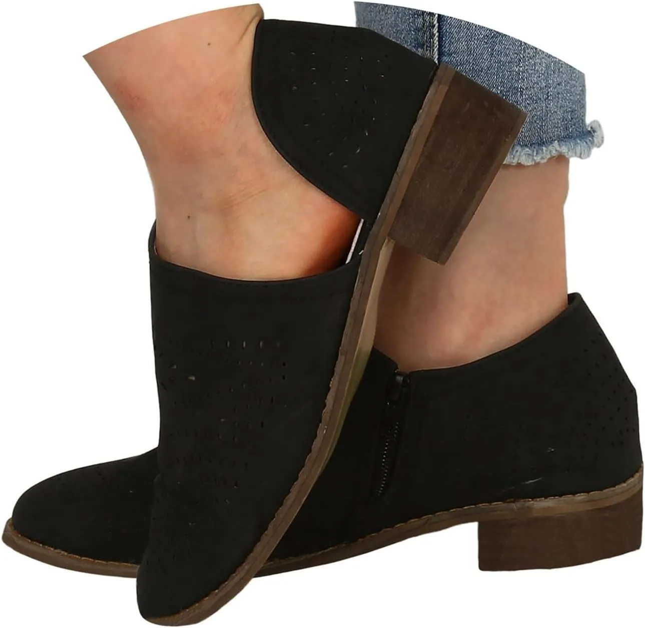 Cathalem Ankle Boots for Women Cut Out Slip On Low Heel Short Chunky Stacked Heel Perforated Side V Cut Western Booties