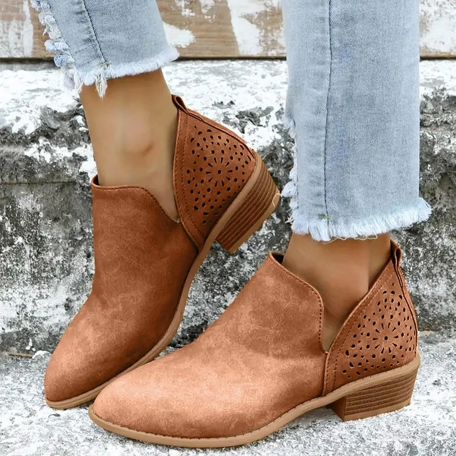 Cathalem Ankle Boots for Women Cut Out Slip On Low Heel Short Chunky Stacked Heel Perforated Side V Cut Western Booties