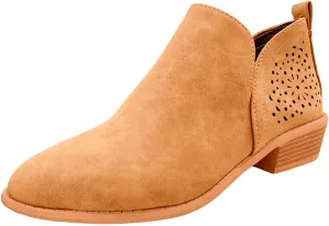 Cathalem Ankle Boots for Women Cut Out Slip On Low Heel Short Chunky Stacked Heel Perforated Side V Cut Western Booties