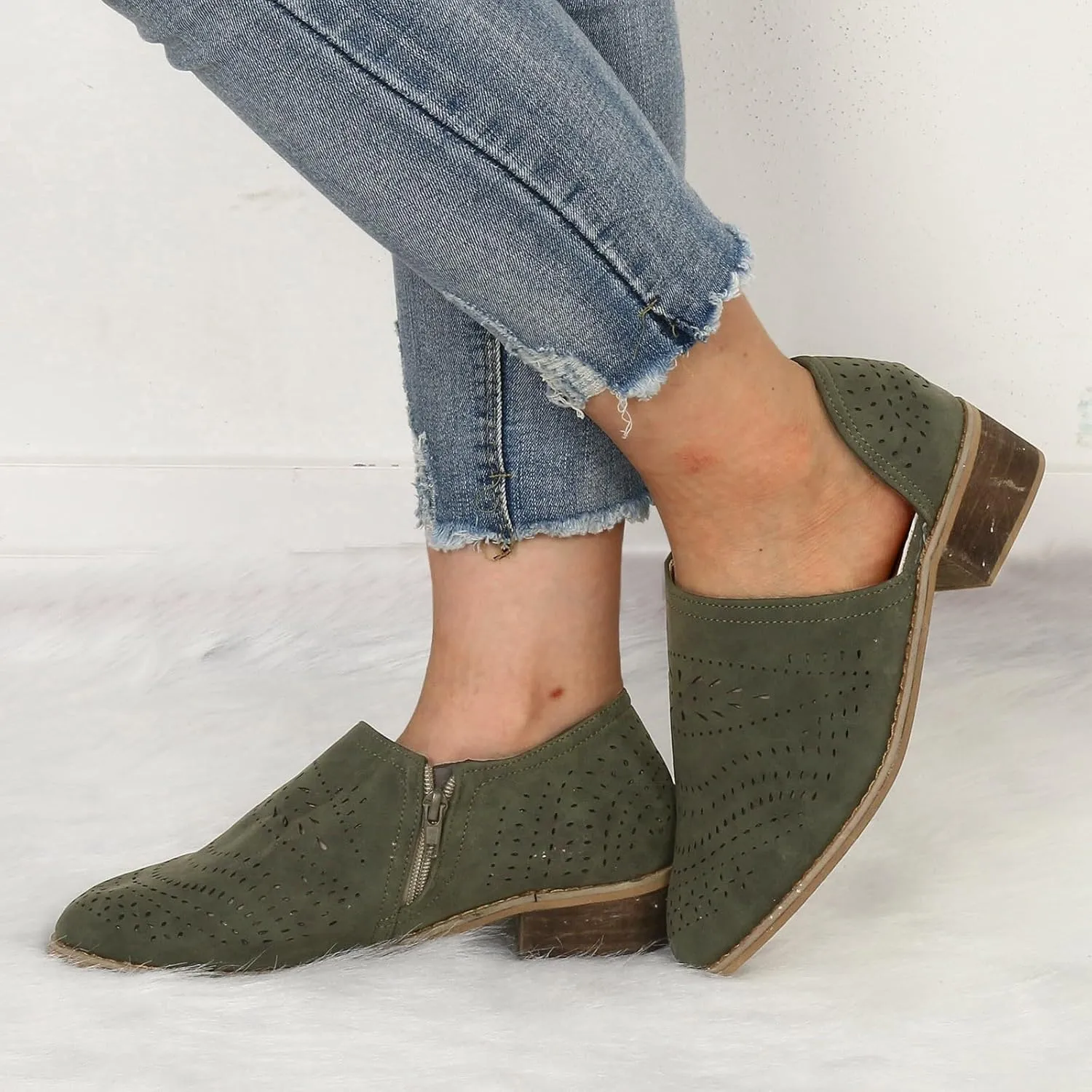 Cathalem Ankle Boots for Women Cut Out Slip On Low Heel Short Chunky Stacked Heel Perforated Side V Cut Western Booties