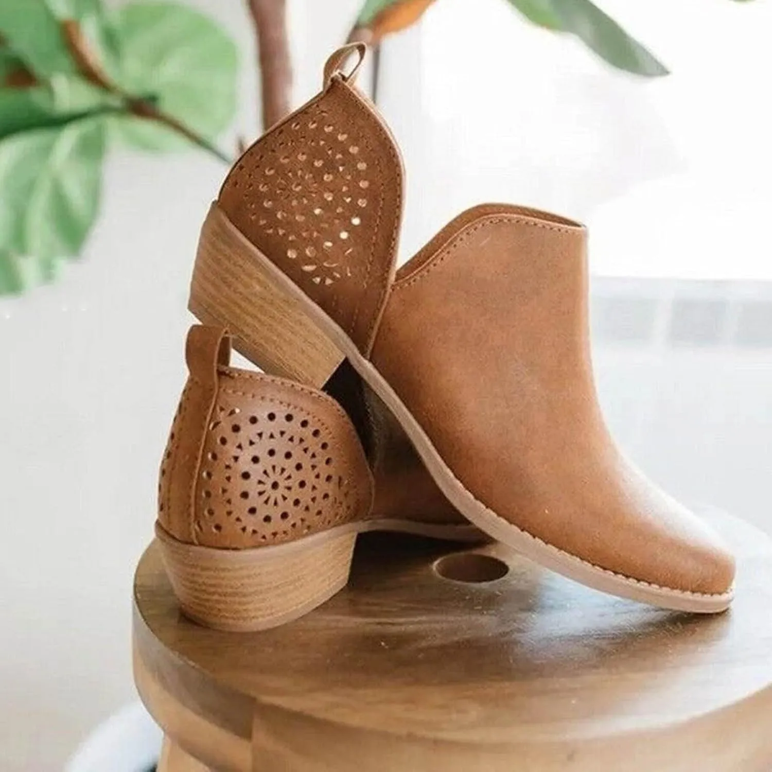 Cathalem Ankle Boots for Women Cut Out Slip On Low Heel Short Chunky Stacked Heel Perforated Side V Cut Western Booties