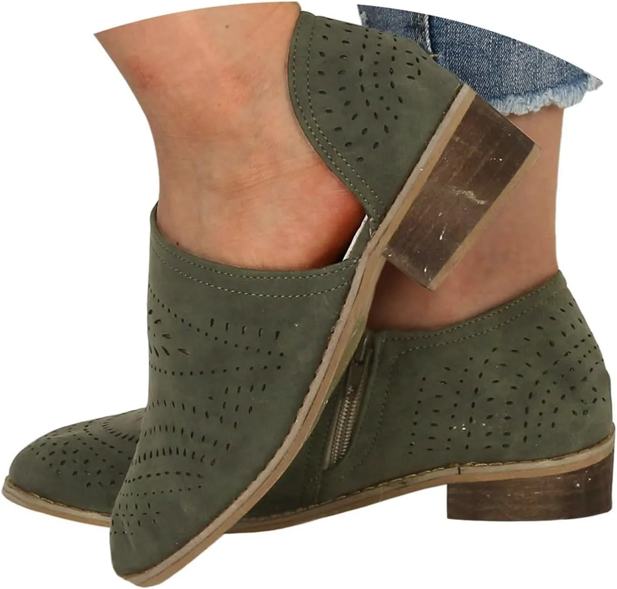 Cathalem Ankle Boots for Women Cut Out Slip On Low Heel Short Chunky Stacked Heel Perforated Side V Cut Western Booties