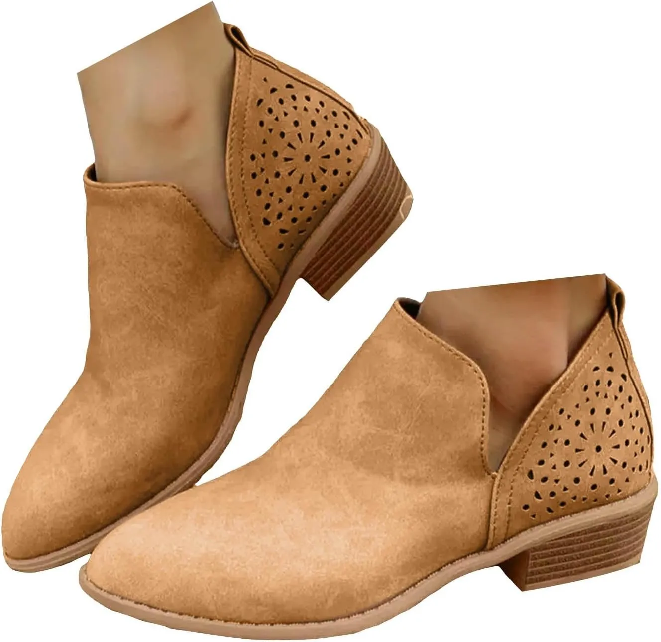 Cathalem Ankle Boots for Women Cut Out Slip On Low Heel Short Chunky Stacked Heel Perforated Side V Cut Western Booties