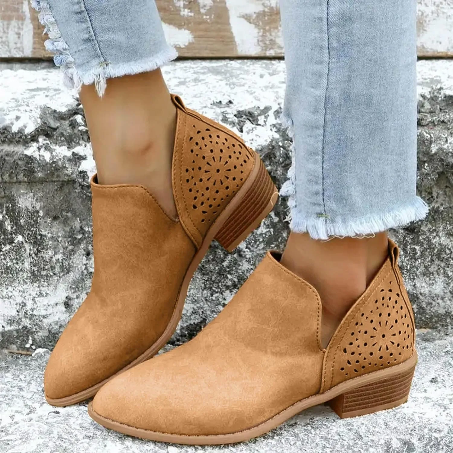 Cathalem Ankle Boots for Women Cut Out Slip On Low Heel Short Chunky Stacked Heel Perforated Side V Cut Western Booties