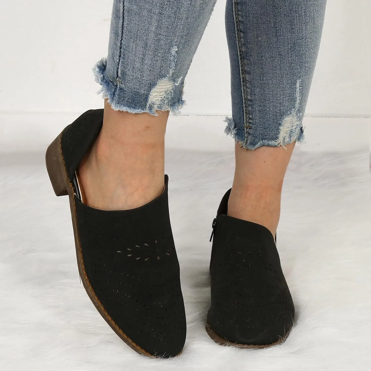 Cathalem Ankle Boots for Women Cut Out Slip On Low Heel Short Chunky Stacked Heel Perforated Side V Cut Western Booties