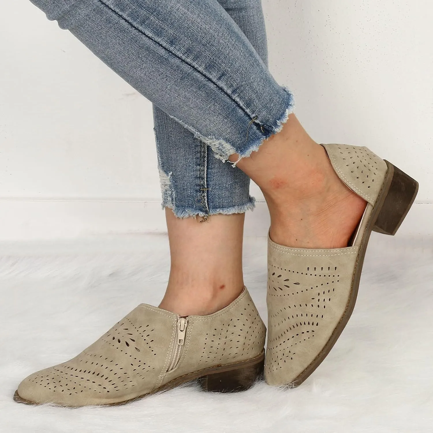 Cathalem Ankle Boots for Women Cut Out Slip On Low Heel Short Chunky Stacked Heel Perforated Side V Cut Western Booties