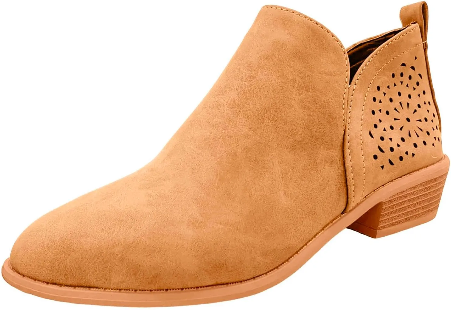 Cathalem Ankle Boots for Women Cut Out Slip On Low Heel Short Chunky Stacked Heel Perforated Side V Cut Western Booties