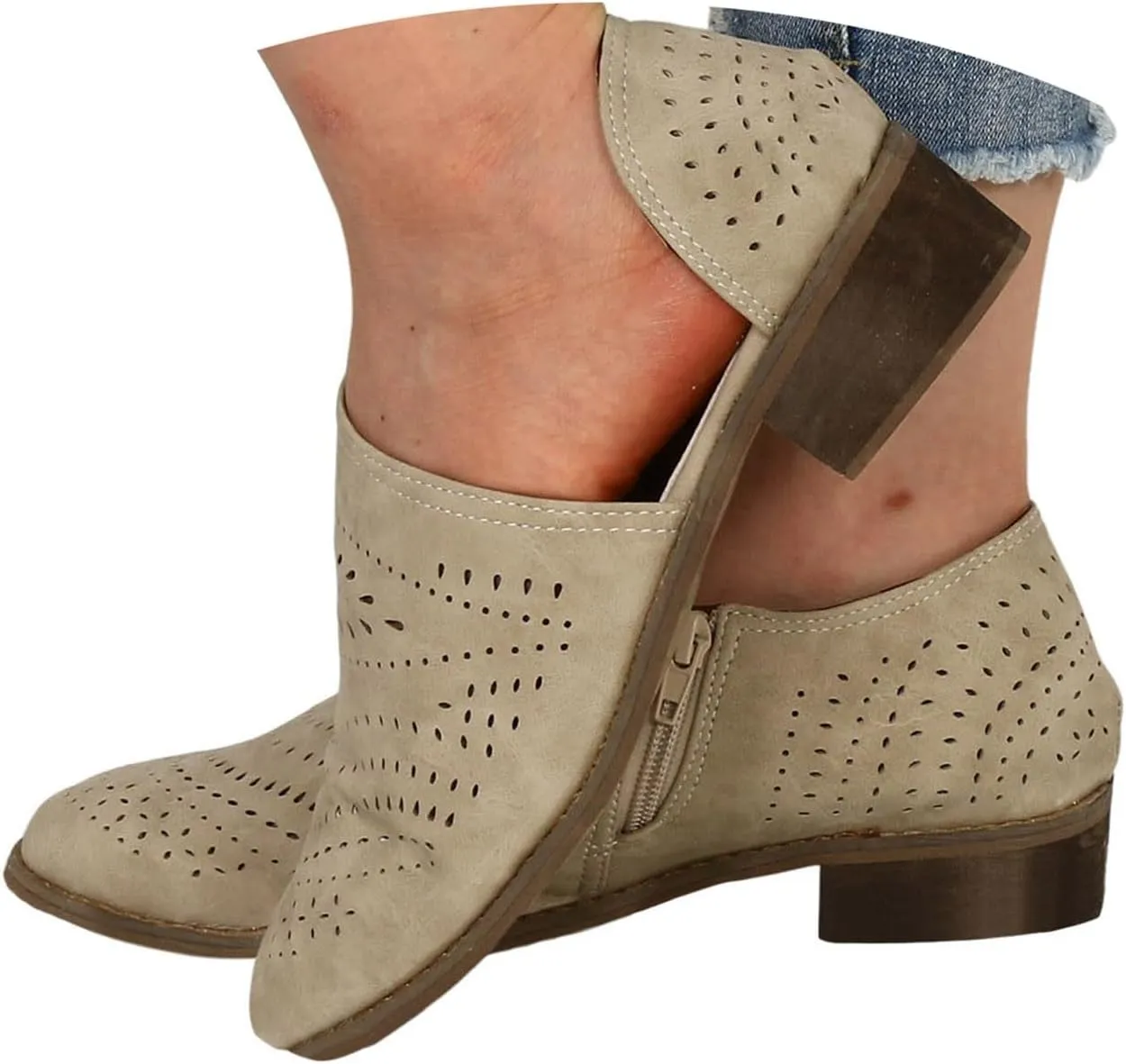 Cathalem Ankle Boots for Women Cut Out Slip On Low Heel Short Chunky Stacked Heel Perforated Side V Cut Western Booties
