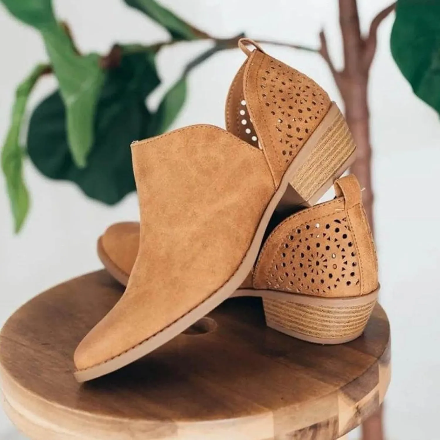 Cathalem Ankle Boots for Women Cut Out Slip On Low Heel Short Chunky Stacked Heel Perforated Side V Cut Western Booties