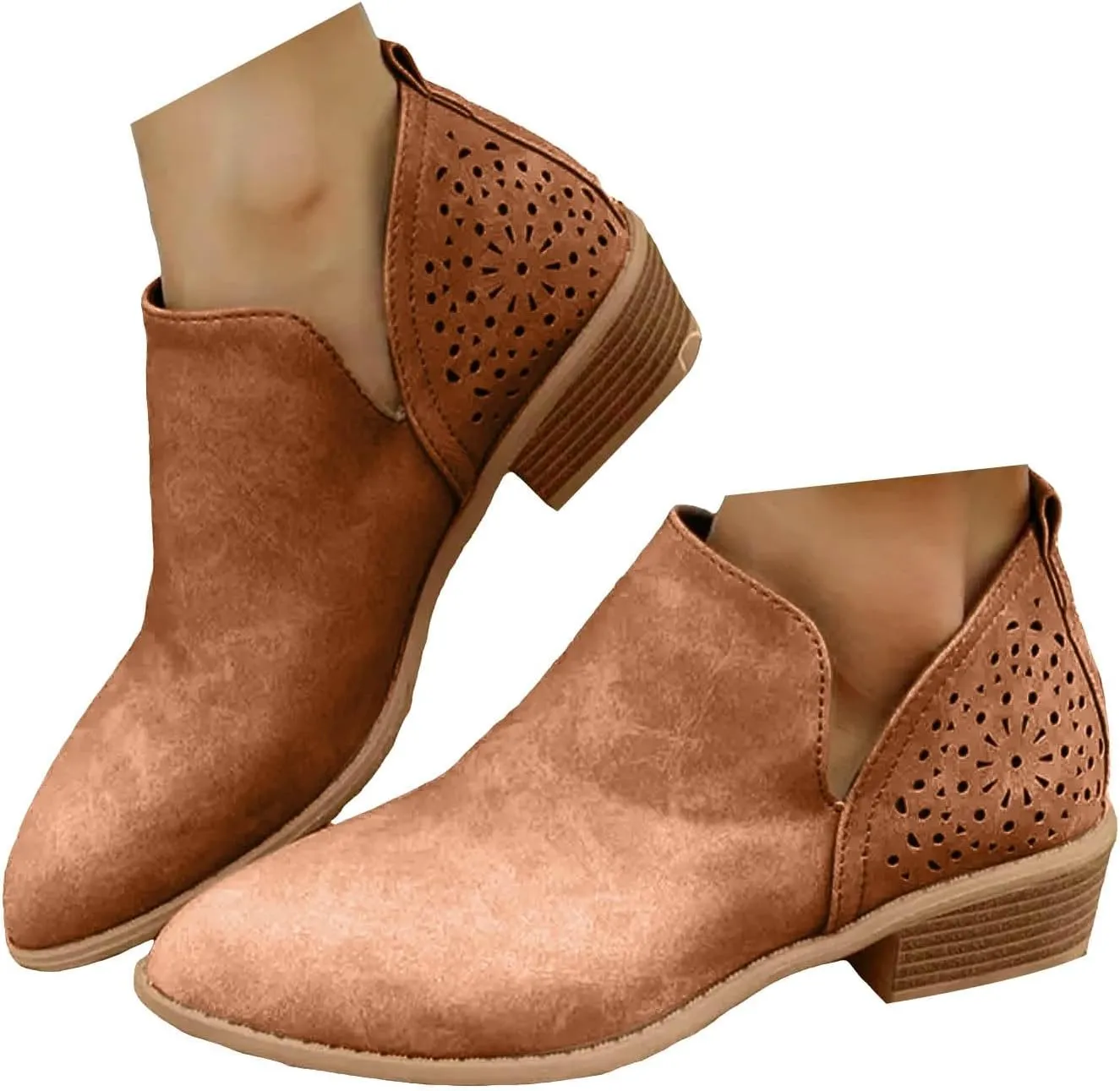 Cathalem Ankle Boots for Women Cut Out Slip On Low Heel Short Chunky Stacked Heel Perforated Side V Cut Western Booties