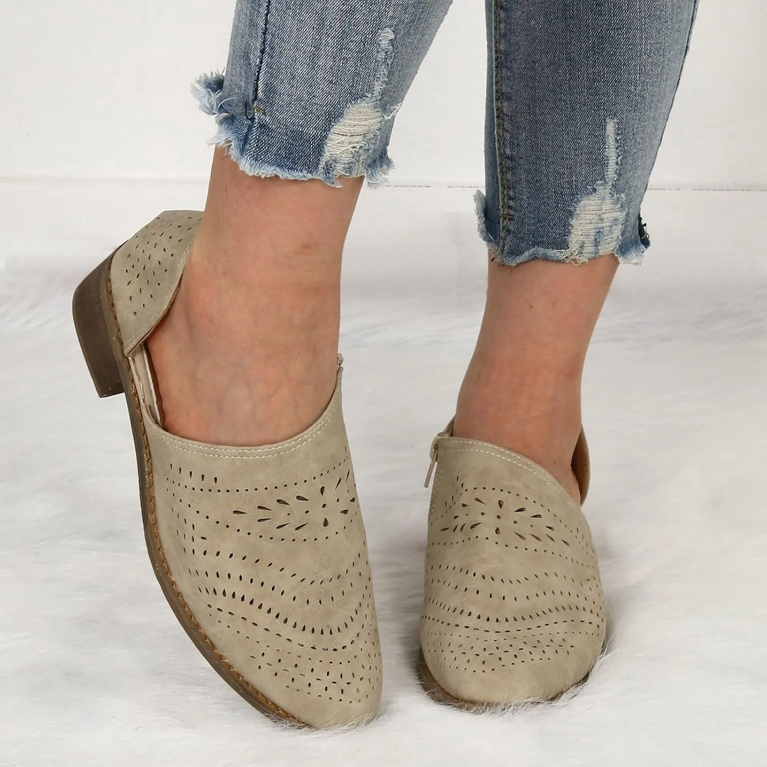 Cathalem Ankle Boots for Women Cut Out Slip On Low Heel Short Chunky Stacked Heel Perforated Side V Cut Western Booties