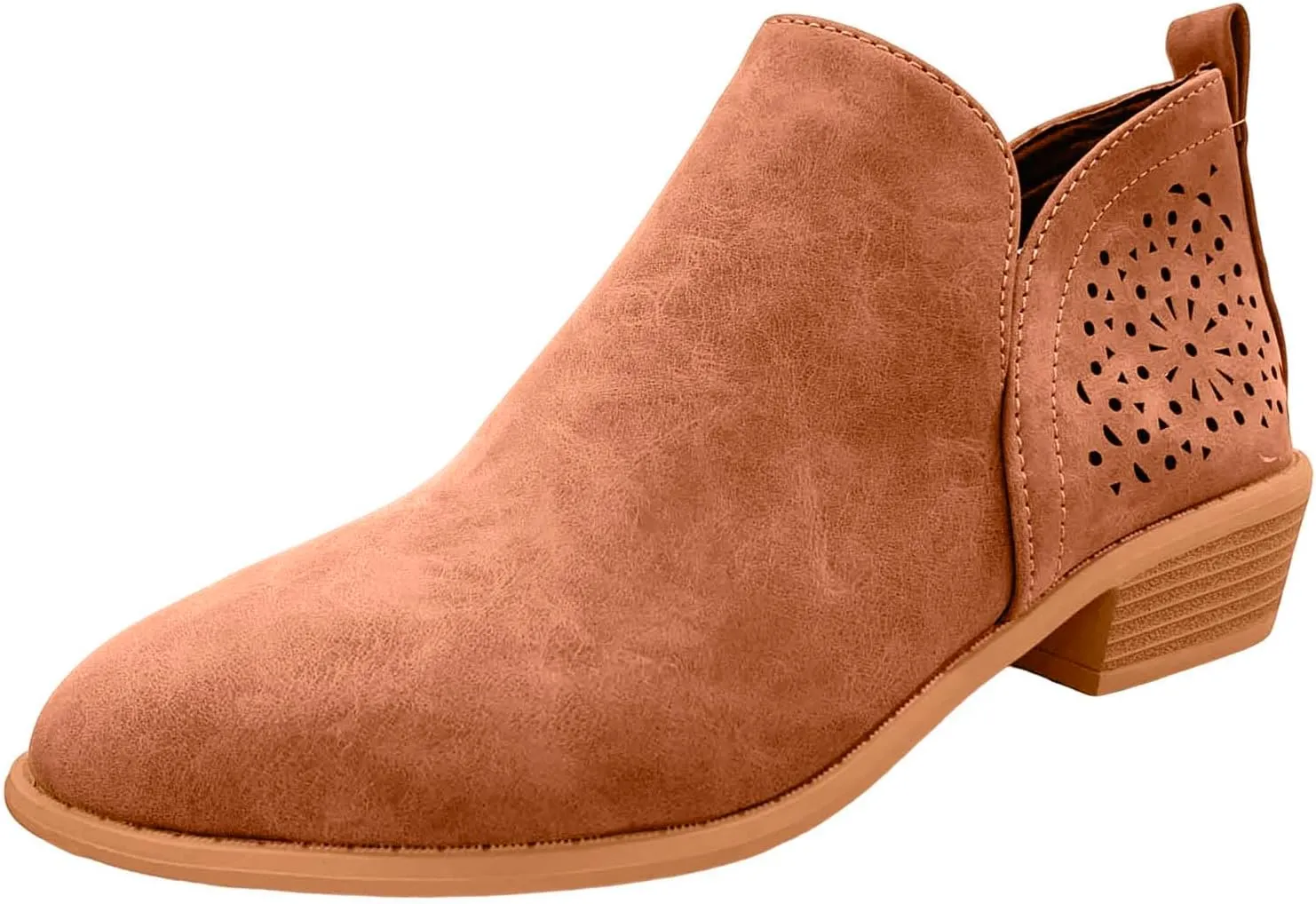 Cathalem Ankle Boots for Women Cut Out Slip On Low Heel Short Chunky Stacked Heel Perforated Side V Cut Western Booties