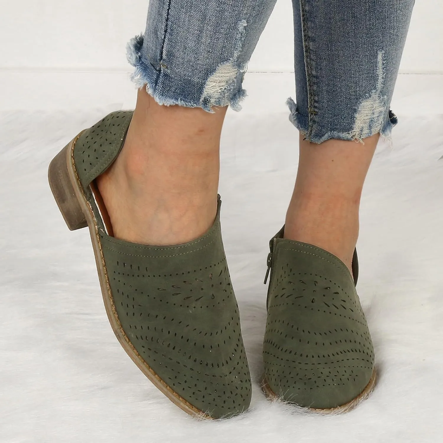 Cathalem Ankle Boots for Women Cut Out Slip On Low Heel Short Chunky Stacked Heel Perforated Side V Cut Western Booties