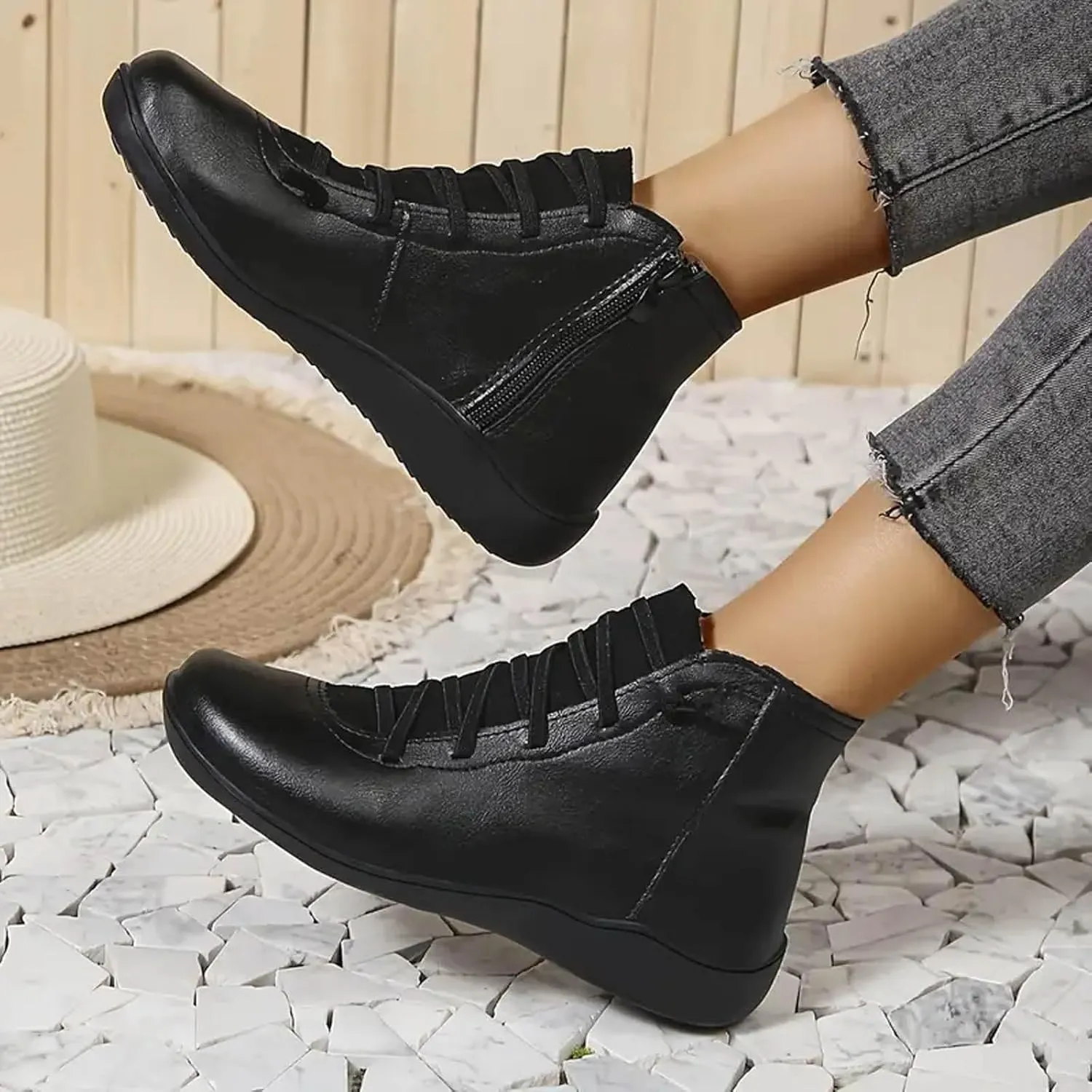 Cathalem Ankle Boots for Women Fall Arch Support Booties Side Zip-up Vintage Leather Damping Shoes Flat Heel Booties