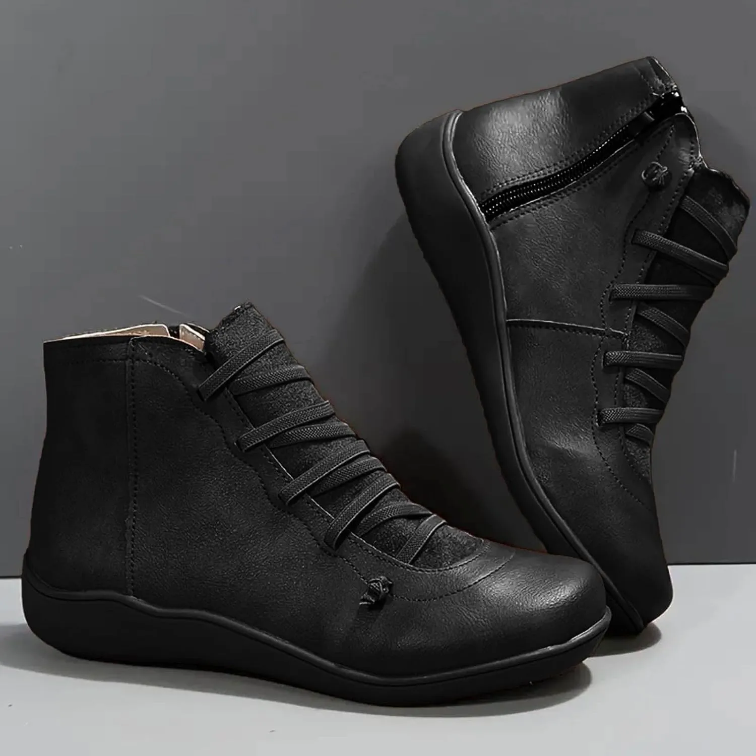 Cathalem Ankle Boots for Women Fall Arch Support Booties Side Zip-up Vintage Leather Damping Shoes Flat Heel Booties