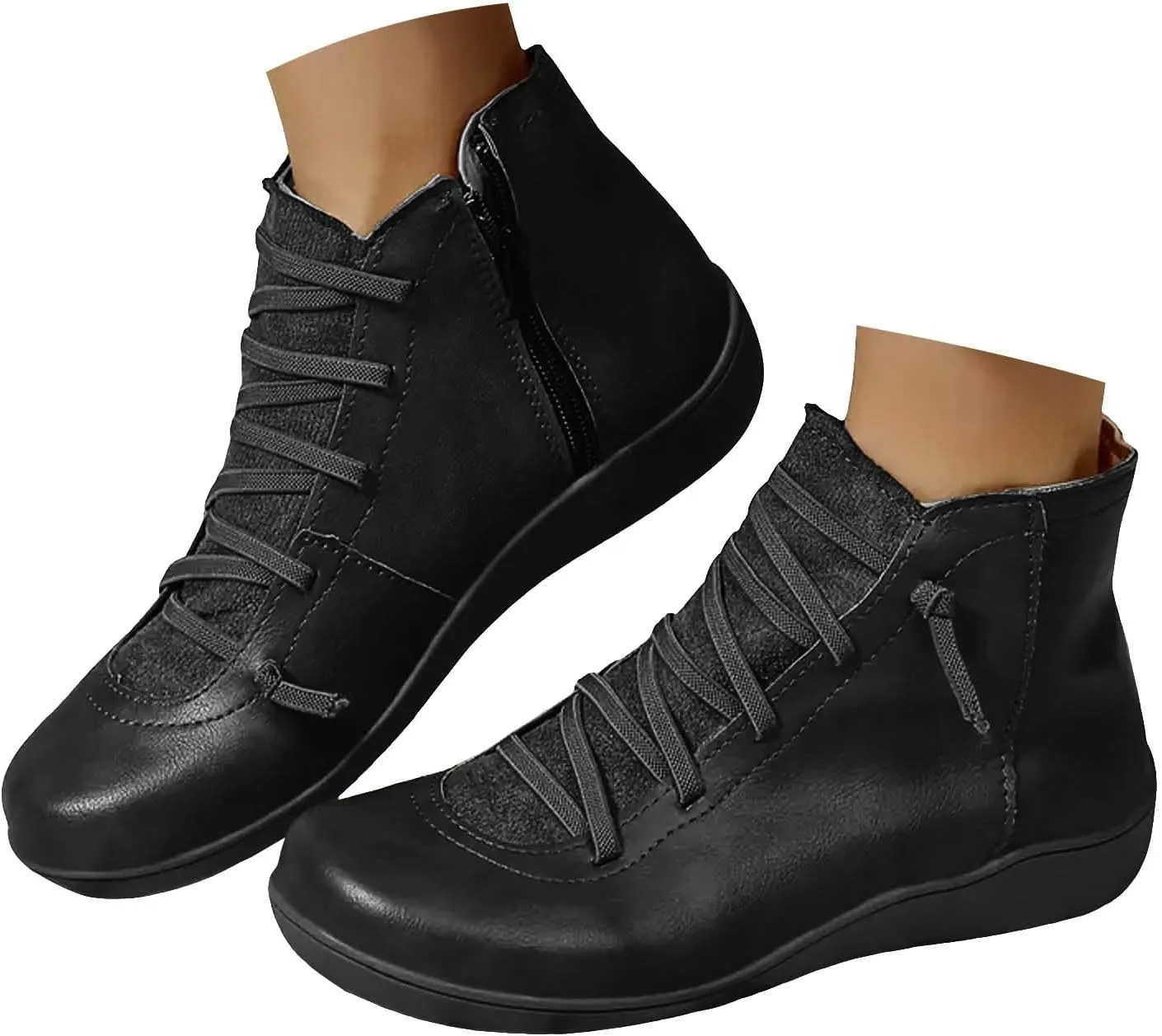 Cathalem Ankle Boots for Women Fall Arch Support Booties Side Zip-up Vintage Leather Damping Shoes Flat Heel Booties