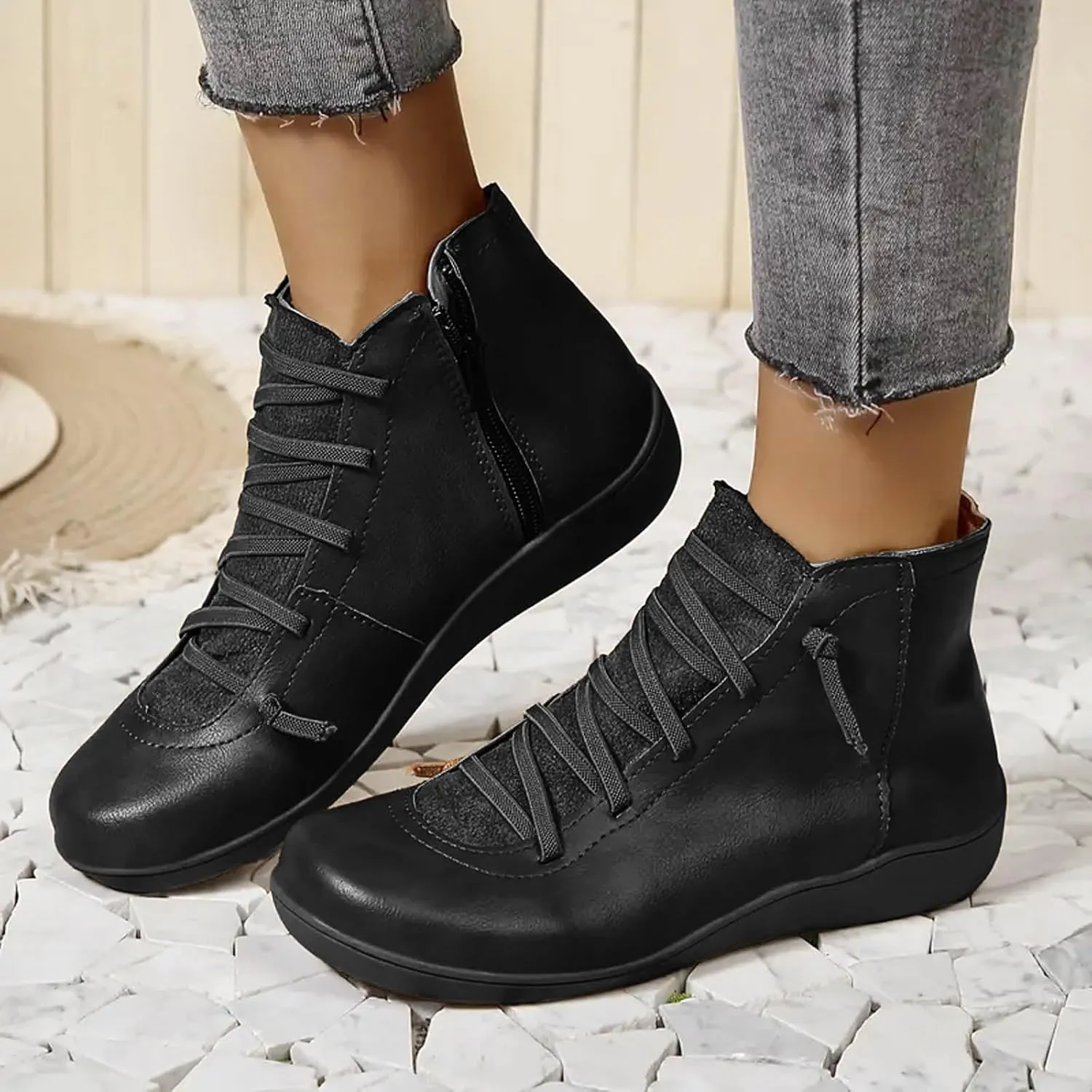 Cathalem Ankle Boots for Women Fall Arch Support Booties Side Zip-up Vintage Leather Damping Shoes Flat Heel Booties