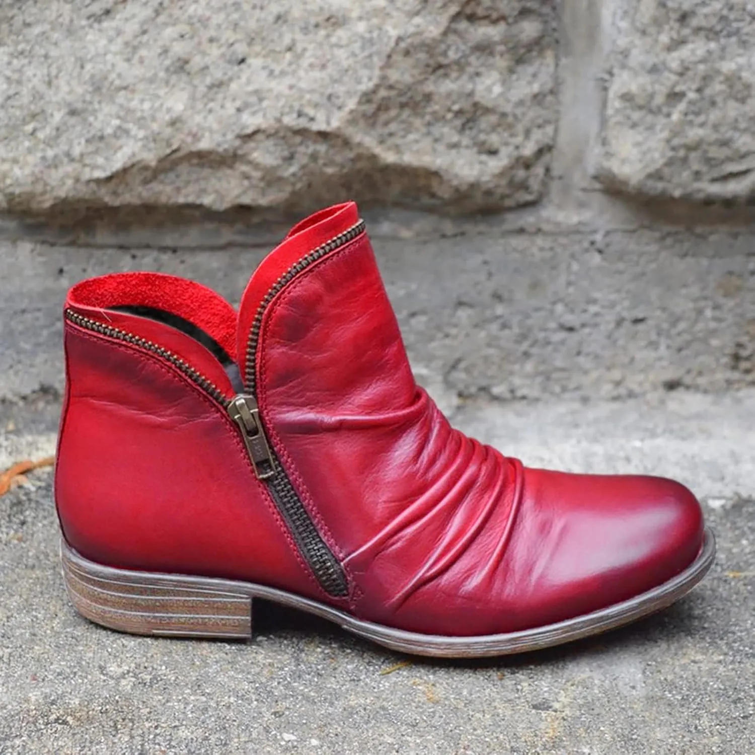 Cathalem Ankle Boots for Women Low Heel Short Shoes Retro Casual Zipper Boots Side Zip-up Leather Shoes Womens Booties Fall