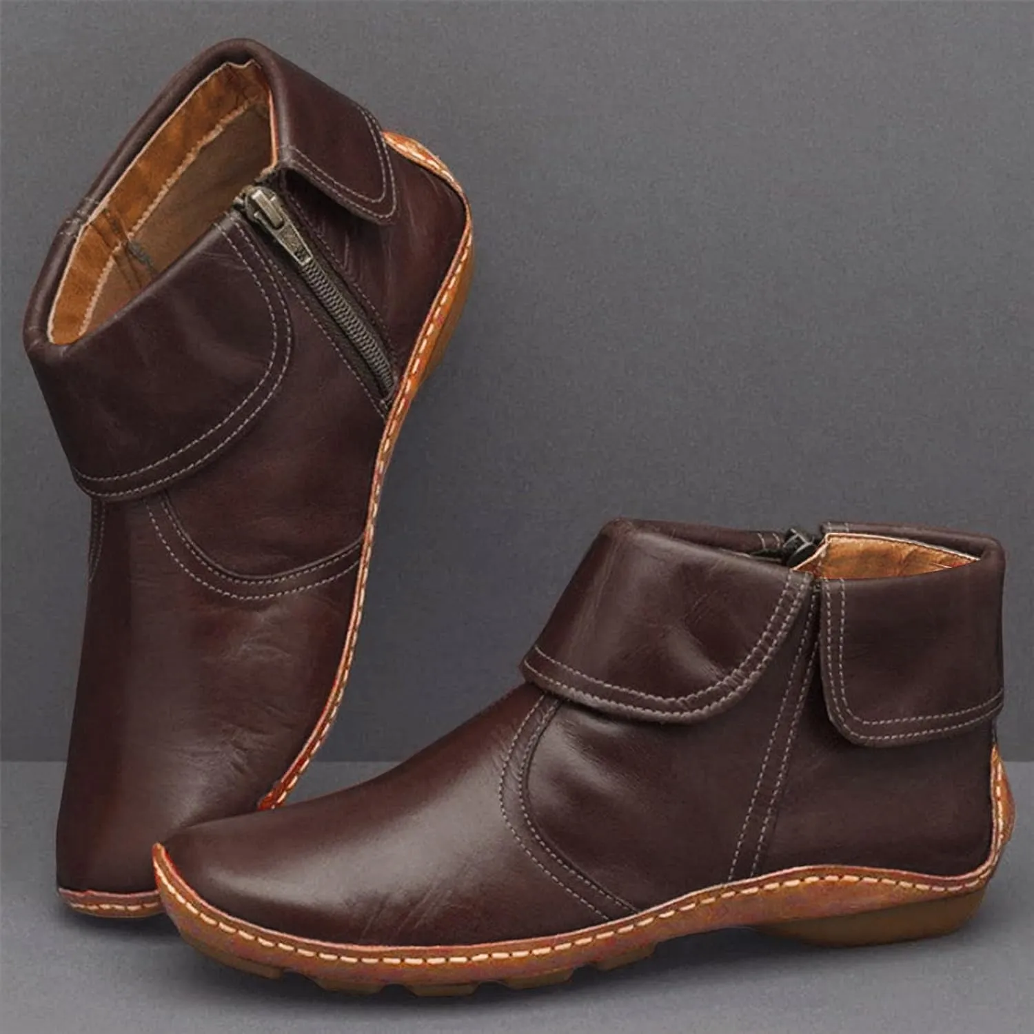 Cathalem Ankle Boots for Women No Heel New Arch Support Boots Flat Heel Booties Side Zipper Vintage Leather Damping Shoes