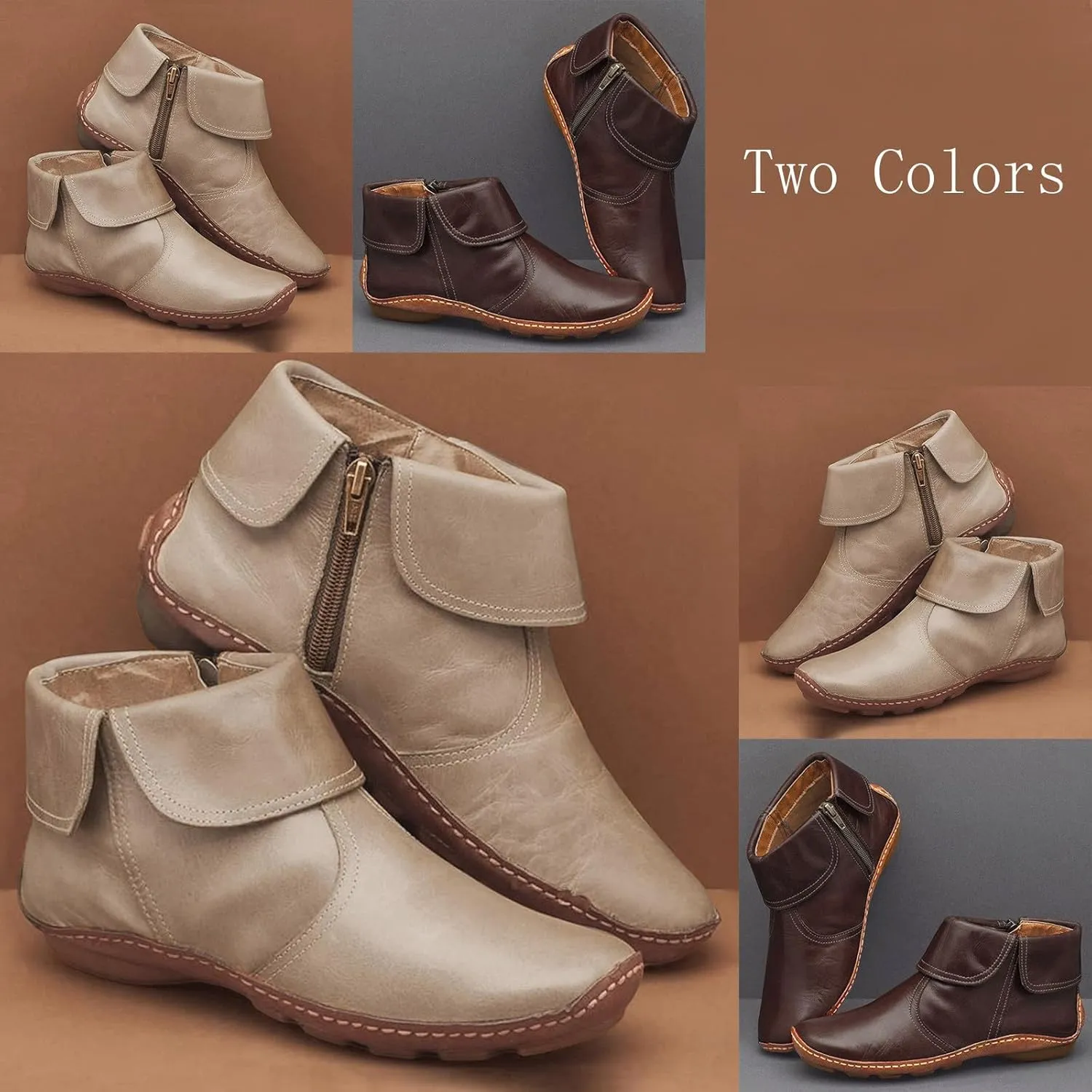 Cathalem Ankle Boots for Women No Heel New Arch Support Boots Flat Heel Booties Side Zipper Vintage Leather Damping Shoes