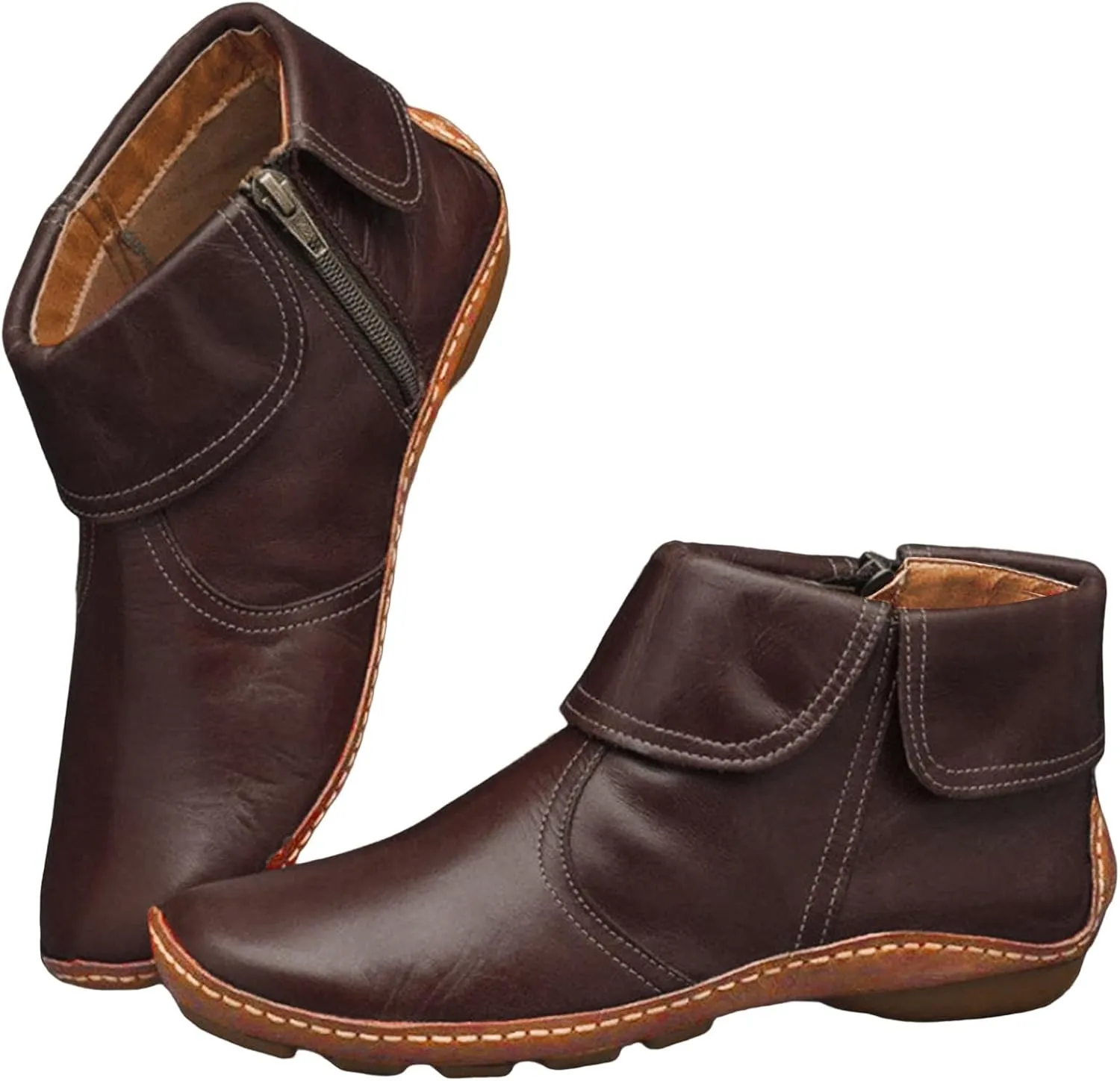 Cathalem Ankle Boots for Women No Heel New Arch Support Boots Side Zipper Vintage Leather Damping Shoes Flat Heel Booties