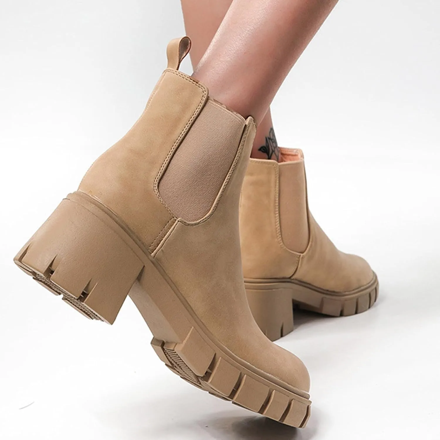 Cathalem Ankle Boots for Women Platform Ankle Booties Chelsea Slip on Chunky Block Heel Leather Combat Boots