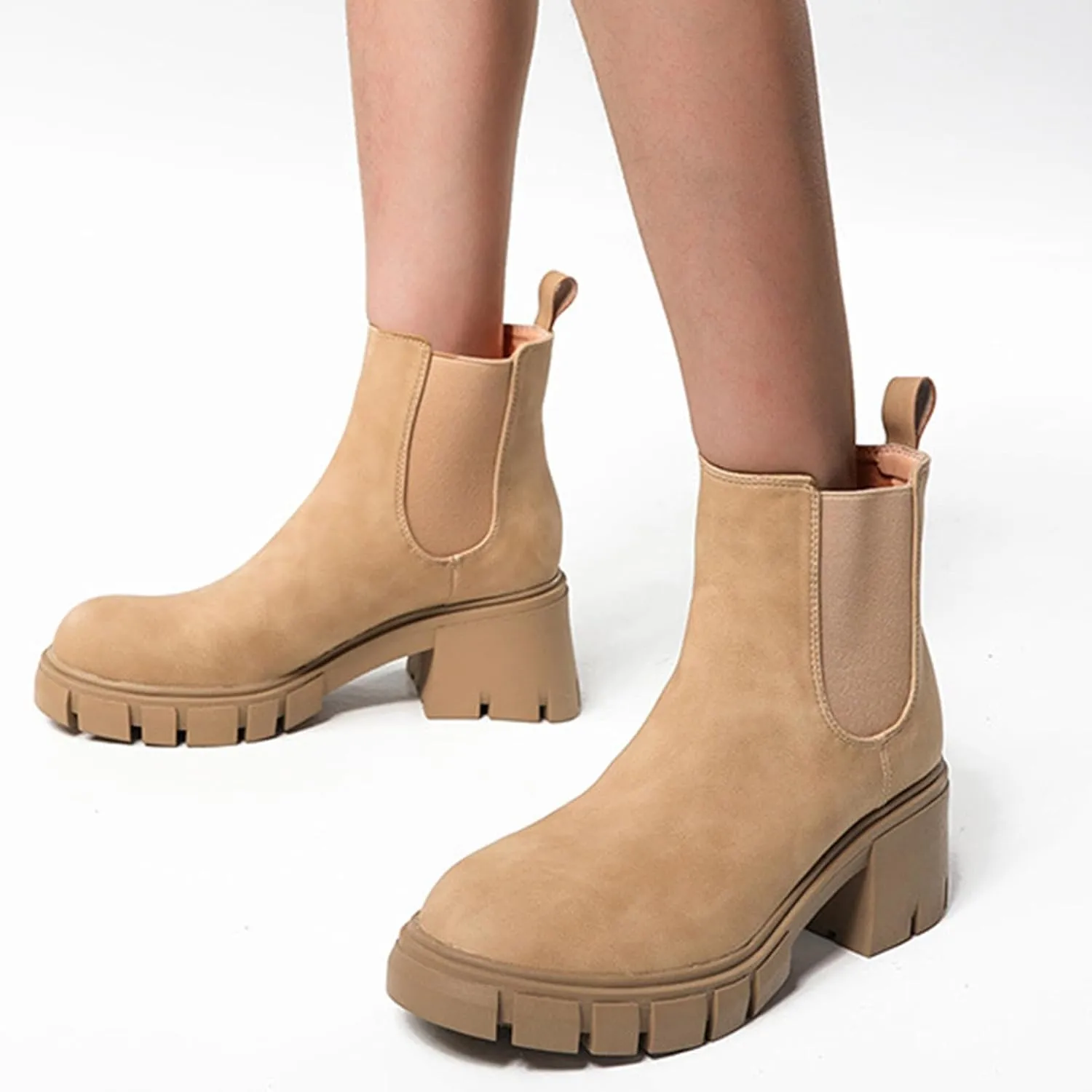 Cathalem Ankle Boots for Women Platform Ankle Booties Chelsea Slip on Chunky Block Heel Leather Combat Boots