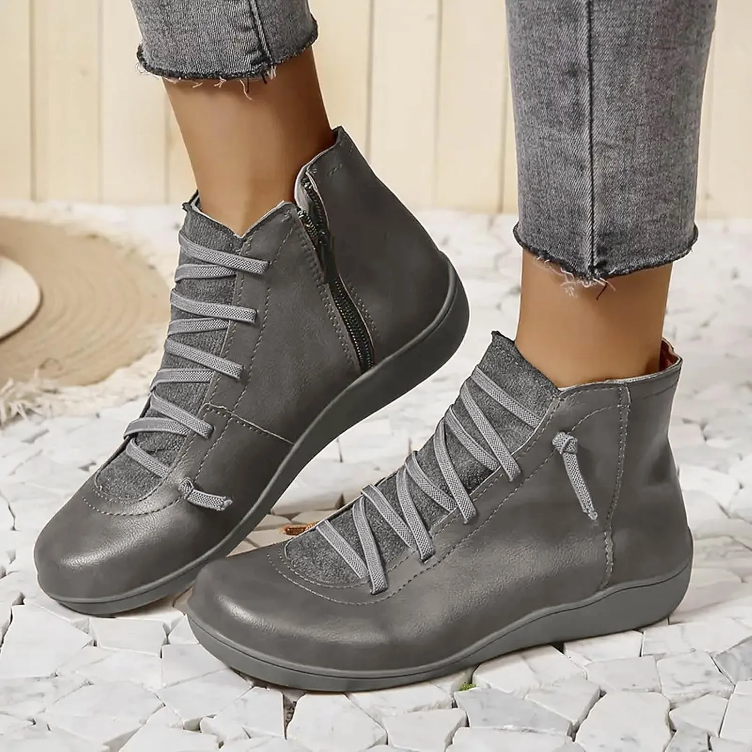 Cathalem Ankle Boots for Women Premium Orthopedic Boots Arch Support Leather Comfortable Side Zip Wedge Booties