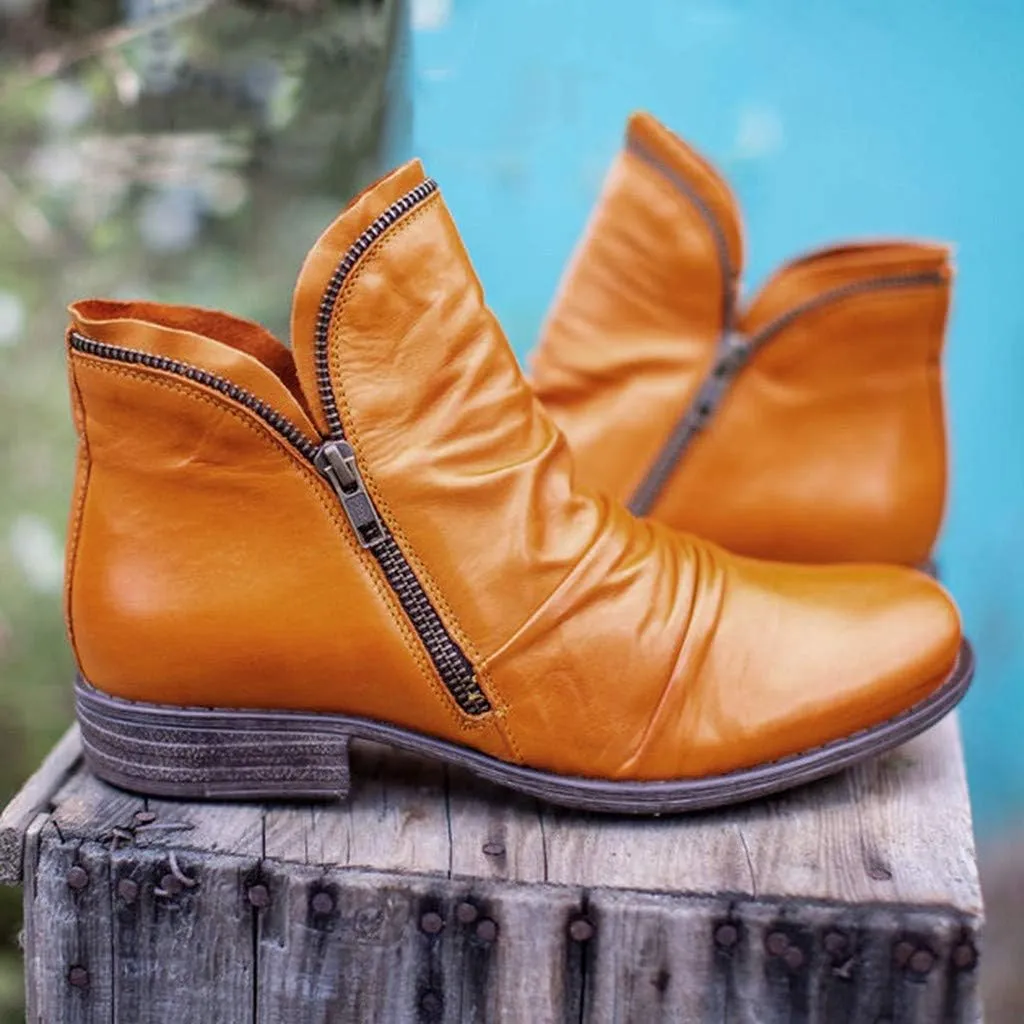 Cathalem Ankle Boots for Women Retro Zipper Womens Boots Low Heel Short Shoes Side Zip-up Vintage Leather Damping Shoes