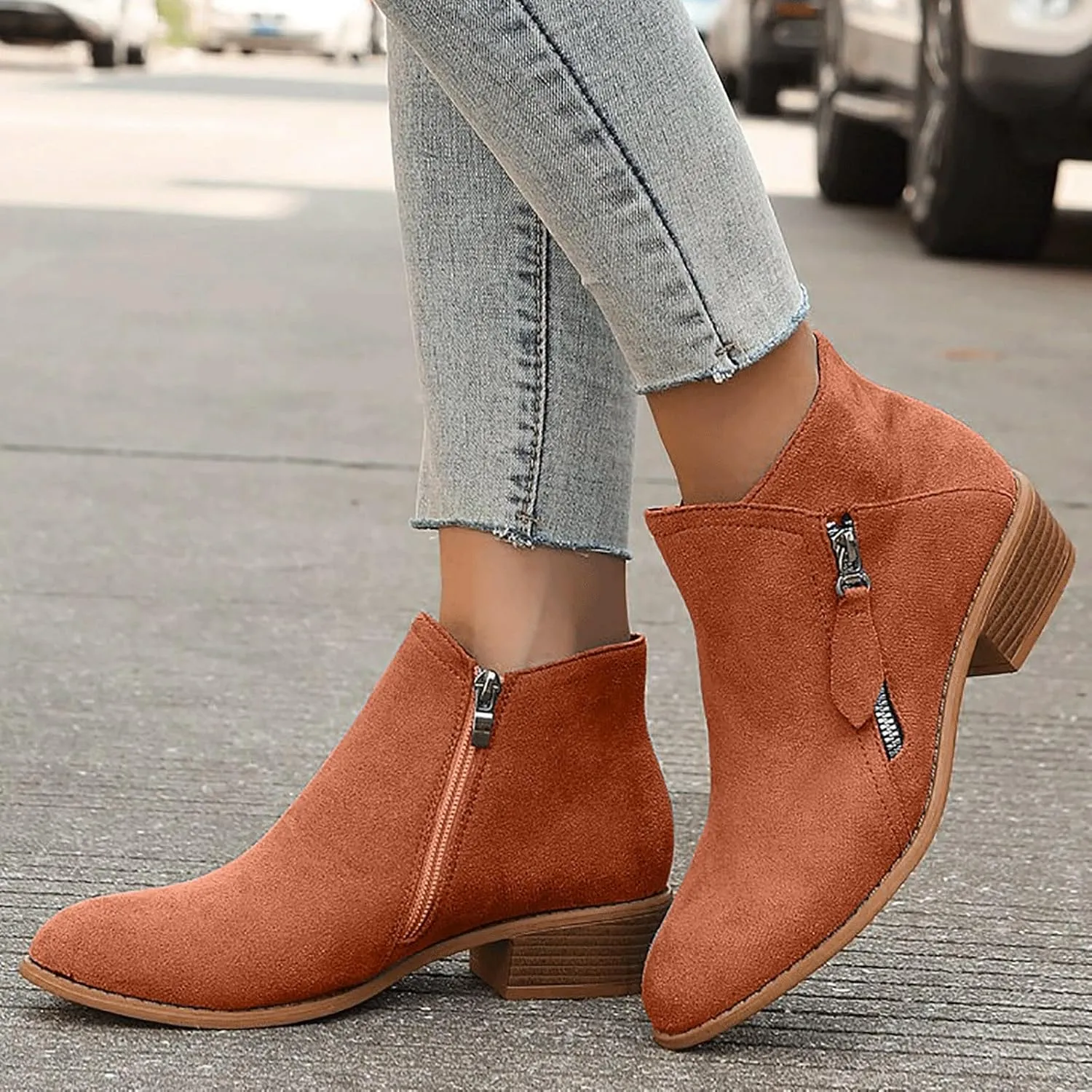 Cathalem Ankle Boots for Women Vintage Slip on Round Toe Side Zipper Chunky Block Mid Heel Booties Outdoor Ladies Shoes