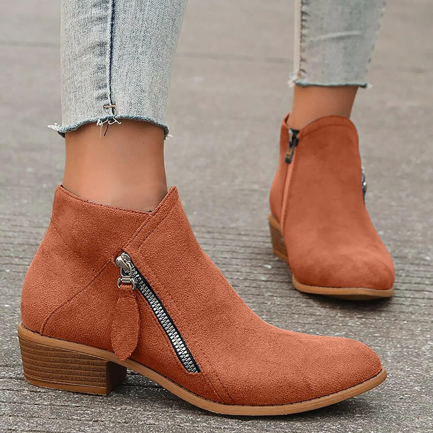 Cathalem Ankle Boots for Women Vintage Slip on Round Toe Side Zipper Chunky Block Mid Heel Booties Outdoor Ladies Shoes