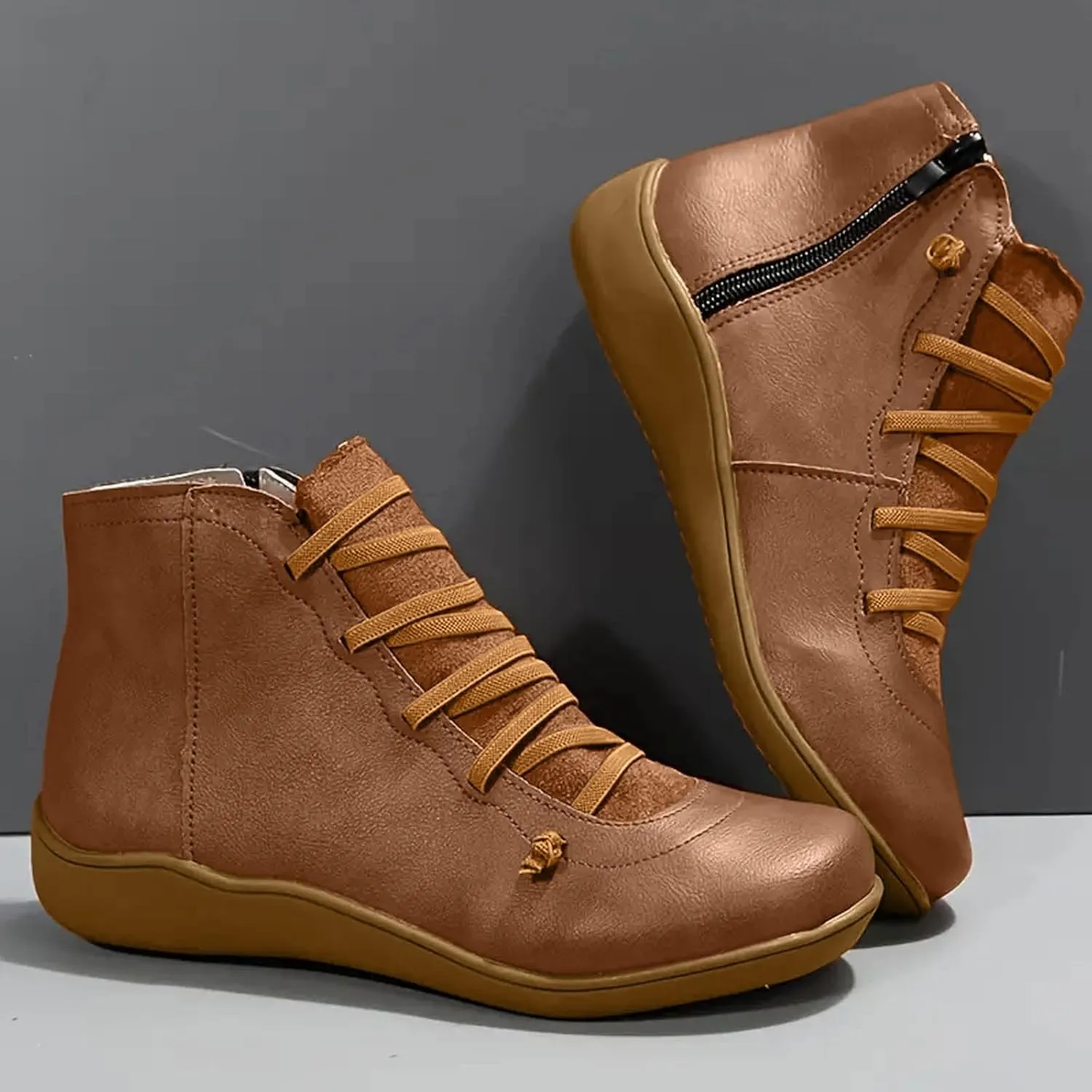 Cathalem Ankle Boots for Women, Womens Arch Support Low Heel Fashion Lace Up Zipper Booties Casual Walking Short Booties