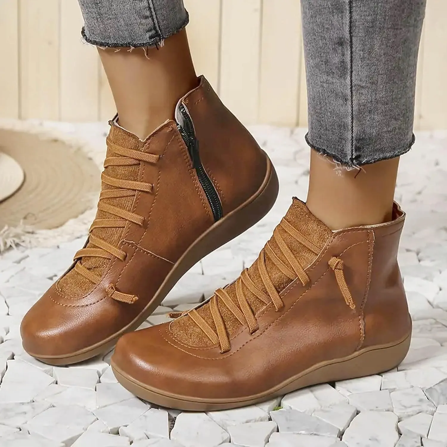 Cathalem Ankle Boots for Women, Womens Arch Support Low Heel Fashion Lace Up Zipper Booties Casual Walking Short Booties