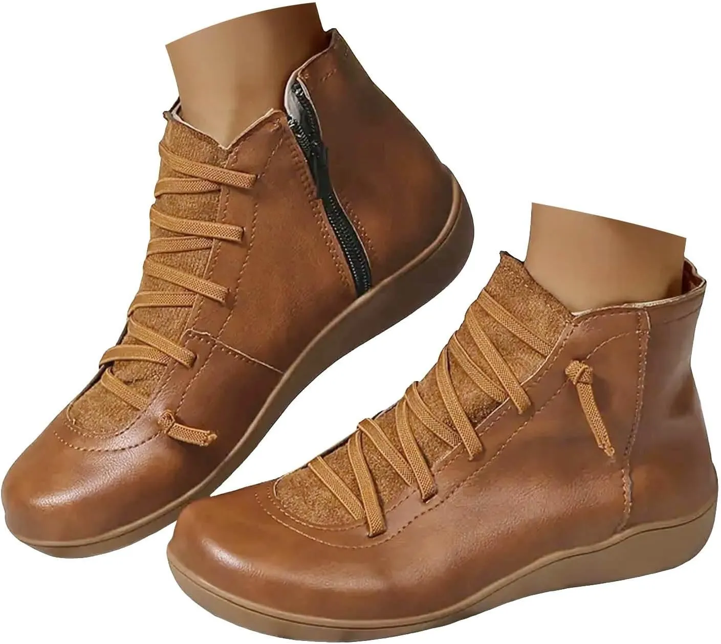 Cathalem Ankle Boots for Women, Womens Arch Support Low Heel Fashion Lace Up Zipper Booties Casual Walking Short Booties