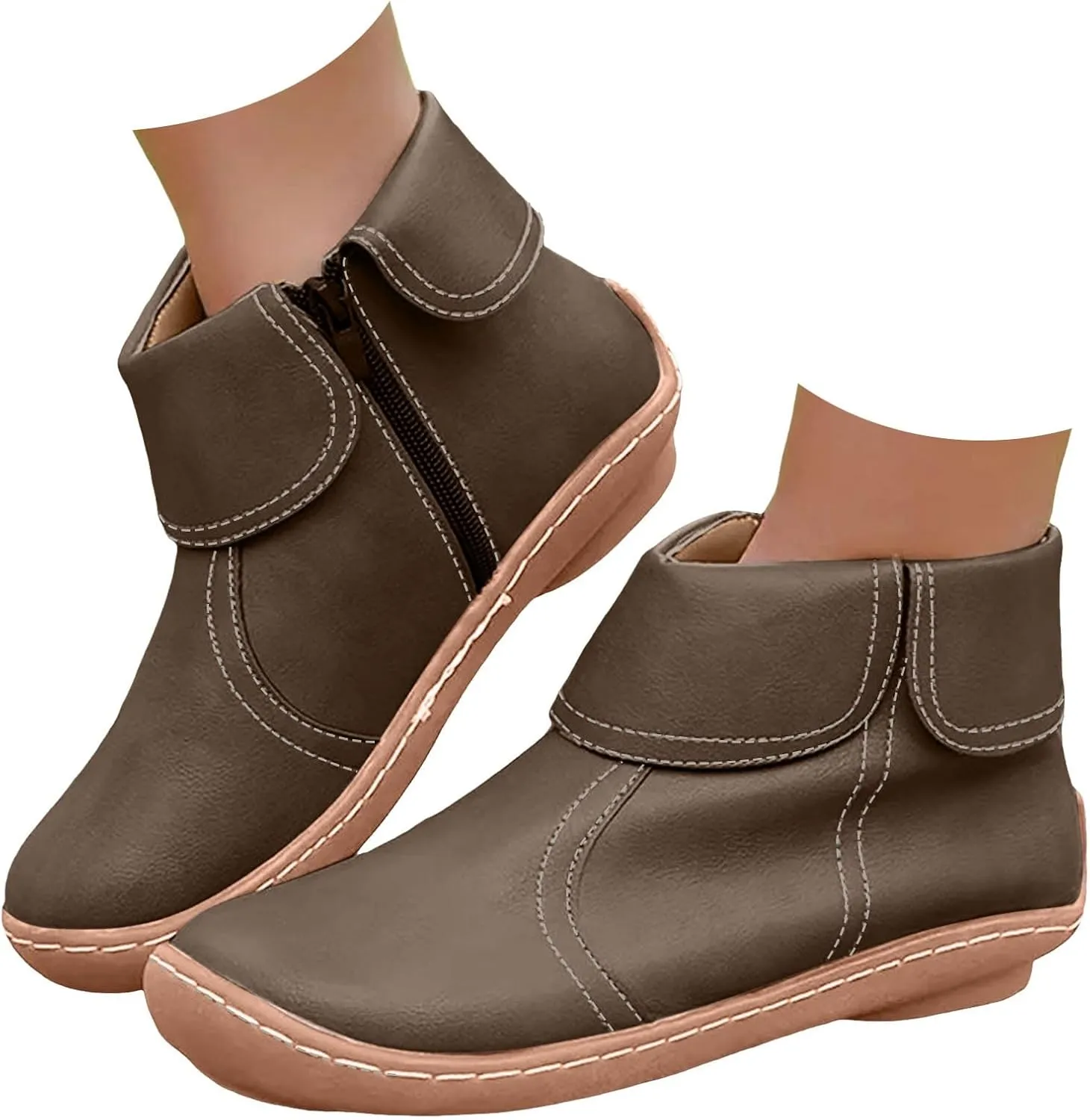 Cathalem Booties for Women 2024, 2024 New Flat Heel Booties Arch Support Booties Side Zip-up Vintage Leather Damping Shoes