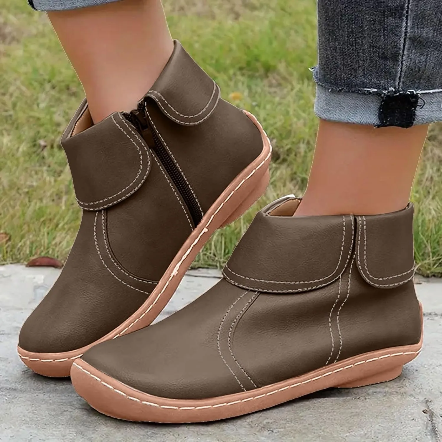 Cathalem Booties for Women 2024, 2024 New Flat Heel Booties Arch Support Booties Side Zip-up Vintage Leather Damping Shoes