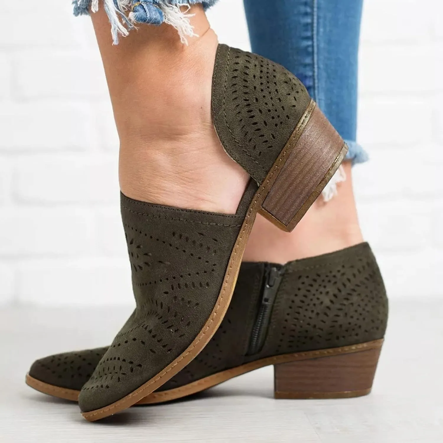 Cathalem Booties for Women Casual Slip On Loafers Pointed Toe Chunky Block Low Heel Shoes Cut out Office Dress Casual Booties