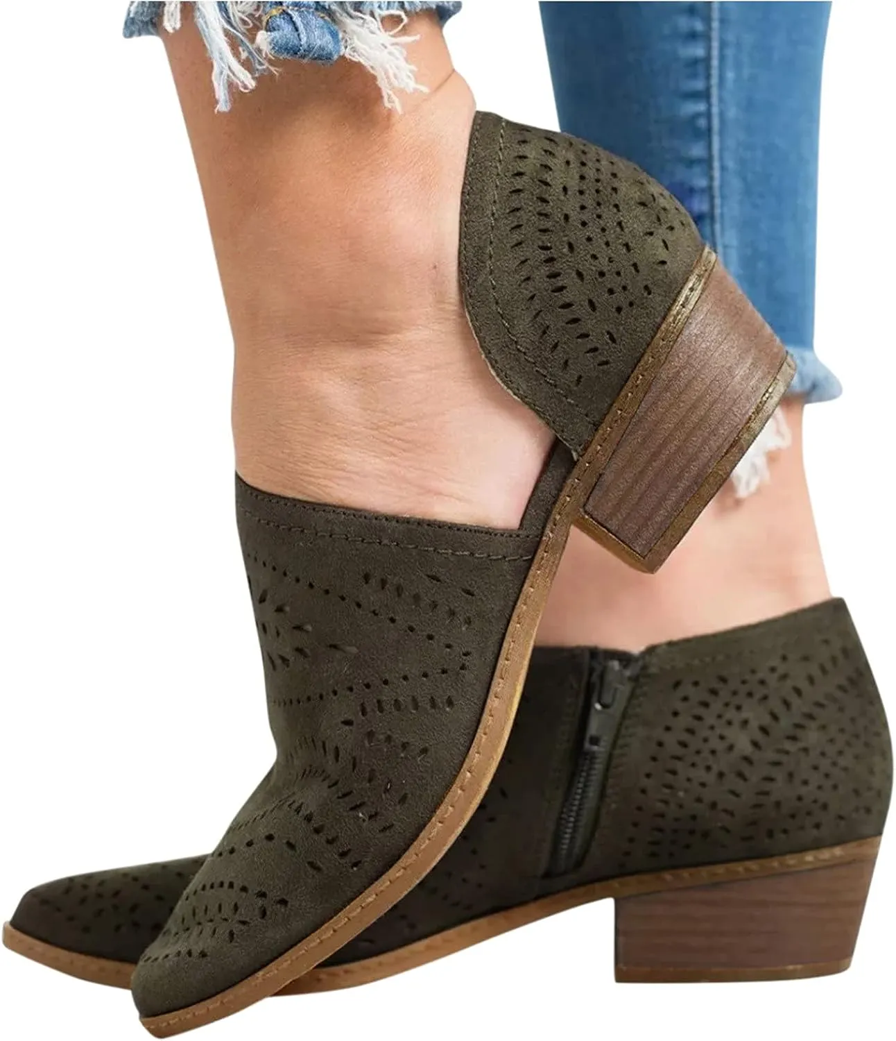 Cathalem Booties for Women Casual Slip On Loafers Pointed Toe Chunky Block Low Heel Shoes Cut out Office Dress Casual Booties