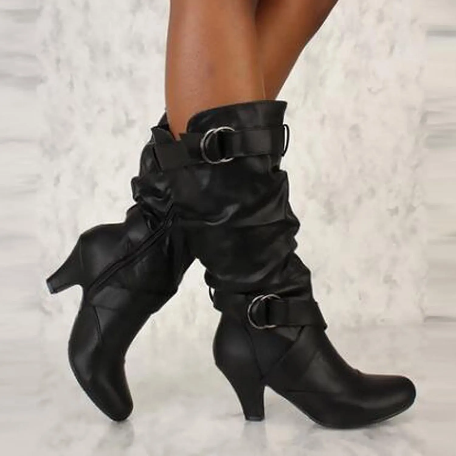 Cathalem Booties for Women Leather Boots Sexy Mid Calf Boots for Women Dressy Round Toe High Heel Mid Calf Boots with Zipper
