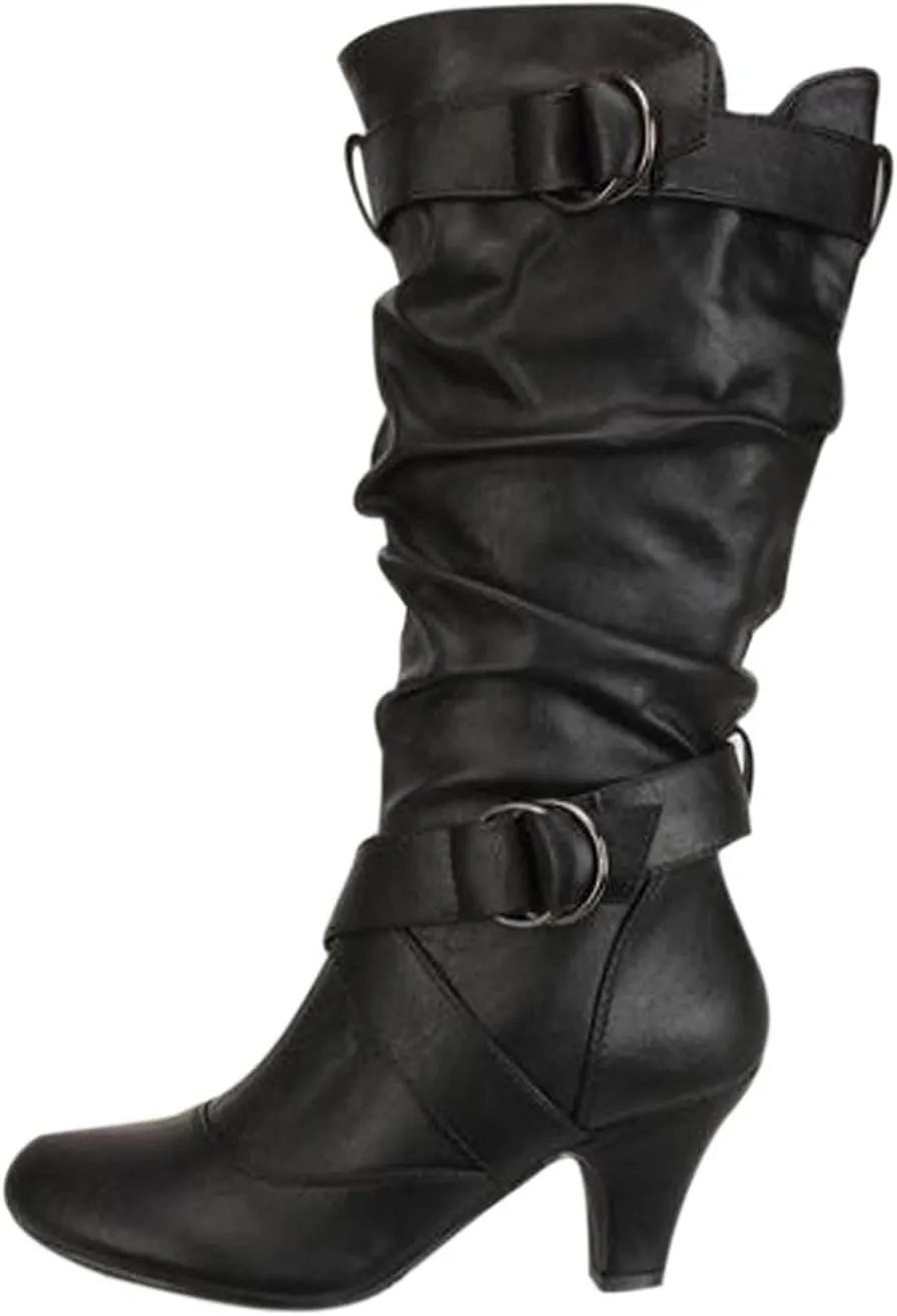 Cathalem Booties for Women Leather Boots Sexy Mid Calf Boots for Women Dressy Round Toe High Heel Mid Calf Boots with Zipper