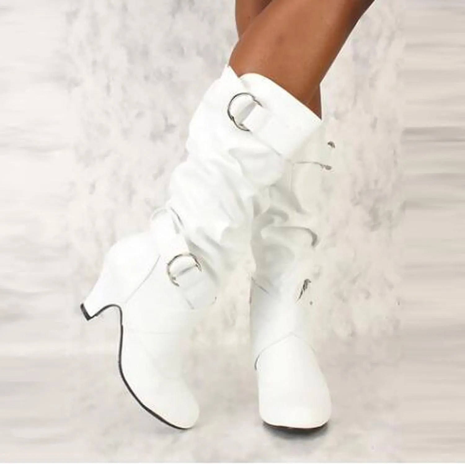 Cathalem Booties for Women Leather Boots Sexy Mid Calf Boots for Women Dressy Round Toe High Heel Mid Calf Boots with Zipper